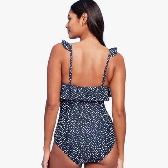 Navy Polka Dot Ruffle Shoulder One Piece Swimsuit - Picture 2 of 6